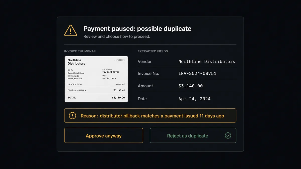 A Slack-style exception notification card titled "Payment paused: possible duplicate"