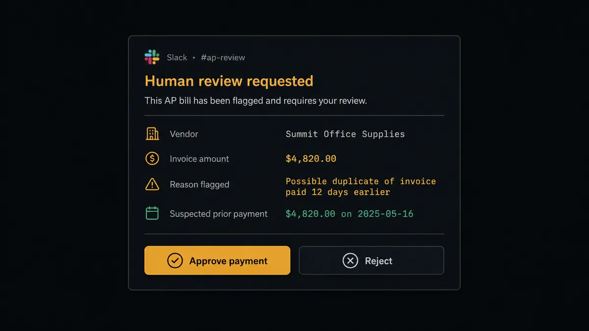 a Slack human-in-the-loop review request for a flagged AP bill