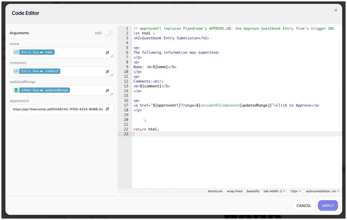 The Create email body code step: arguments for name, comment, updatedRange from the Add Row step, and approveUrl, and Raymond's HTML template building a Click to Approve link from the approve URL and the encoded range.