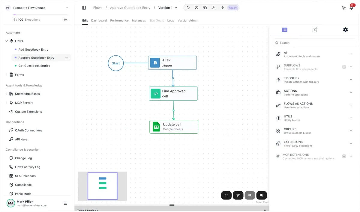 The Approve Guestbook Entry flow on the FlowRunner canvas: Start, an HTTP trigger, a Find Approved cell code step, and Update cell (Google Sheets).