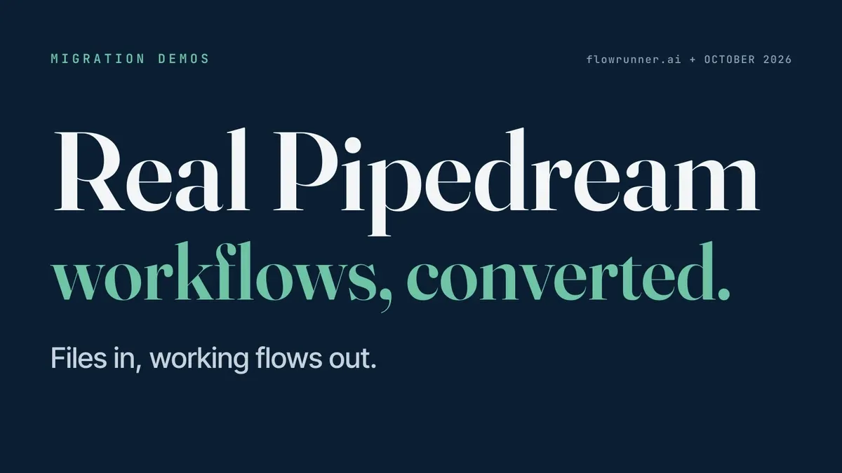 A FlowRunner Migration Demos card on a navy field with the statement Real Pipedream workflows, converted. and the line Files in, working flows out.