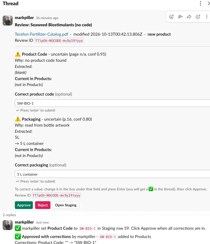 A Slack review card for Seaweed Biostimulants with two uncertain fields: Product Code, with SW-BIO-1 typed into its correction box, and Packaging, read from bottle artwork on page 16 at confidence 0.80, extracted as 5L and normalized to 5 L container. Below the card, the thread shows the product code being set, then "Approved with corrections by markpiller, SW-BIO-1 added to Products", with the correction recorded as Product Code: "" -> "SW-BIO-1".