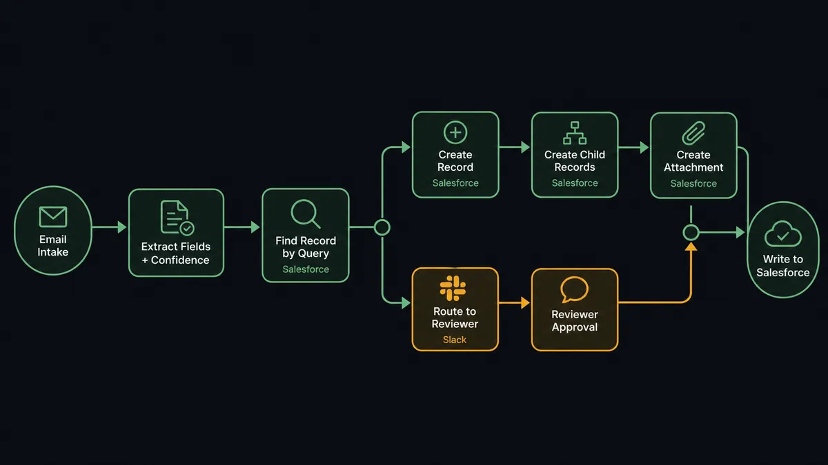 FlowRunner workflow canvas for document-into-Salesforce processing