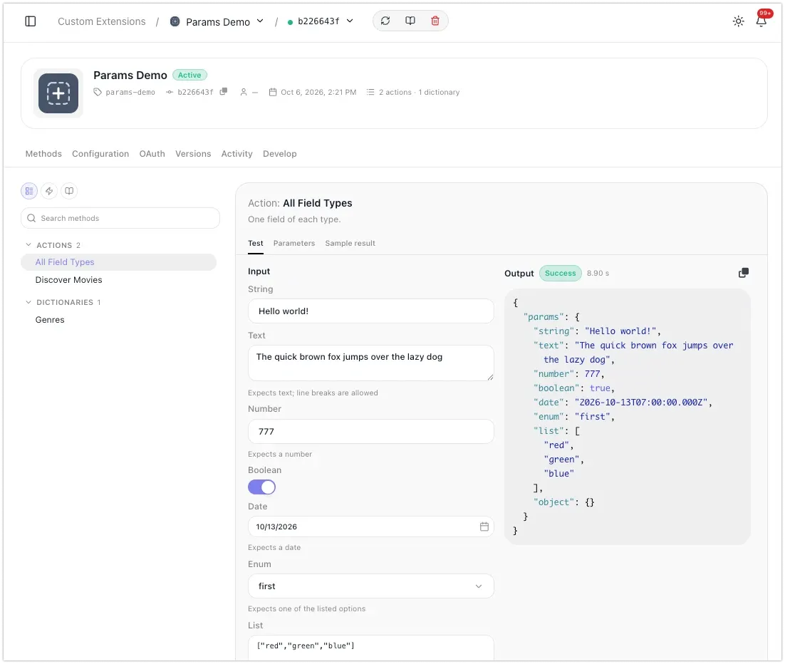 The redesigned page of the Params Demo custom extension in FlowRunner: a header with its id, version, deploy date and 2 actions and 1 dictionary, then the Methods tab with All Field Types selected and its Test sub-tab open. The Input column has a text box reading Hello world!, a text area, a number box set to 777, a Boolean toggle switched on, a date picker set to 10/13/2026, an Enum dropdown set to first and a List field holding red, green and blue as JSON. The Output column shows a Success badge, 8.90 s, and the returned JSON with each value.