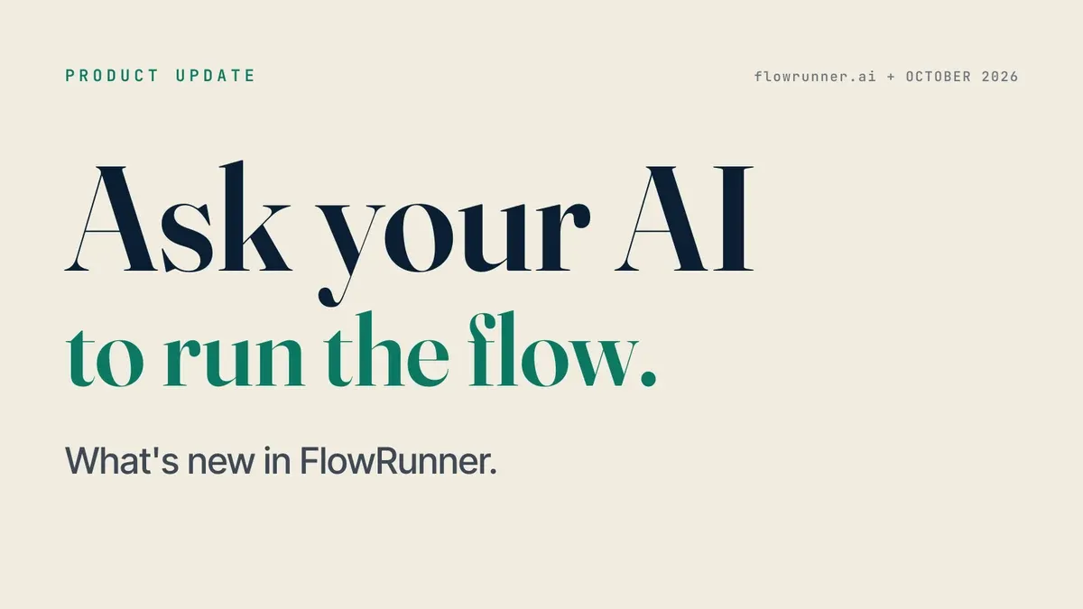 A FlowRunner Product Update card on a cream field with the statement Ask your AI to run the flow. and the line What's new in FlowRunner.