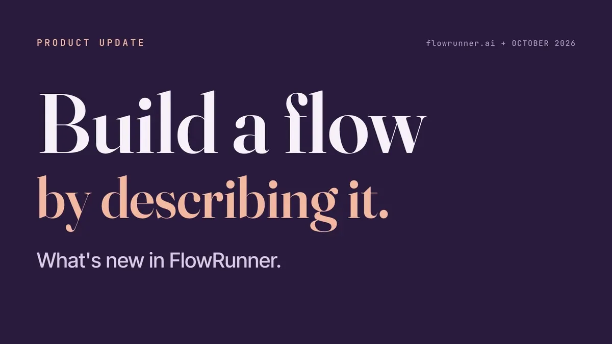 A FlowRunner Product Update card on a plum field with the statement Build a flow by describing it. and the line What's new in FlowRunner.