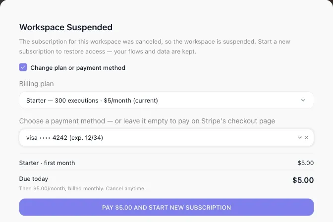 The Workspace Suspended dialog in FlowRunner billing with Change plan or payment method ticked: the Starter plan at 300 executions for $5 a month, a saved card picked as the payment method, $5.00 due today, and the button Pay $5.00 and start new subscription.