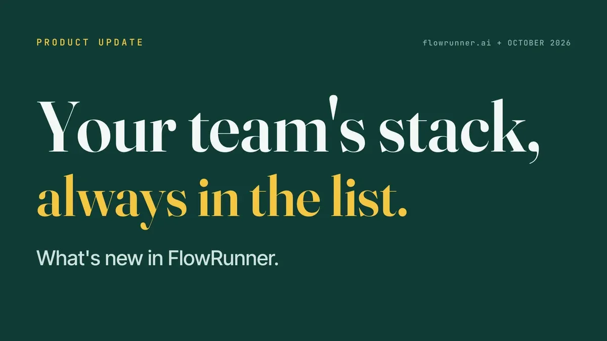 A FlowRunner Product Update card on a deep teal field with the statement Your team's stack, always in the list. and the line What's new in FlowRunner.