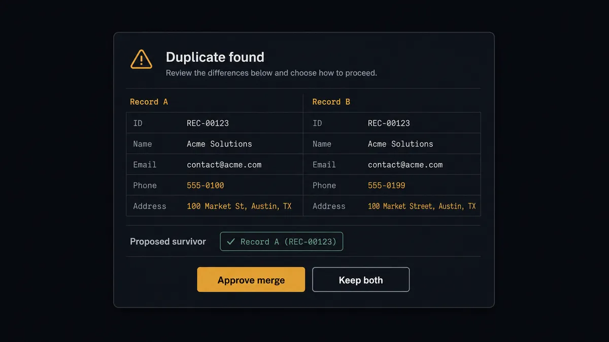 A dark Slack-style approval card on a #0C0E12 field titled "Duplicate found"