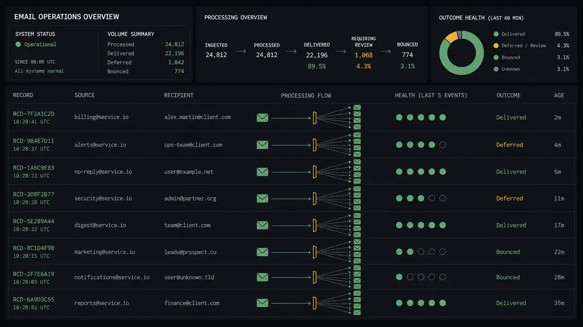 A dark summary panel on a #0C0E12 field showing an email operations overview: a column of record tiles each linked to a single envelope icon in sage green, one wide envelope fan held behind an amber gate marker, and a small health strip of filled and empty circles representing delivery outcomes
