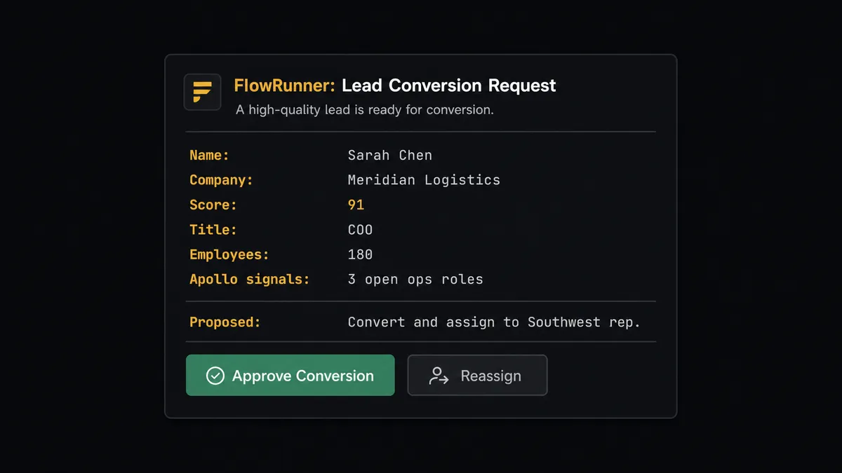 Dark Slack message card showing a lead conversion approval request