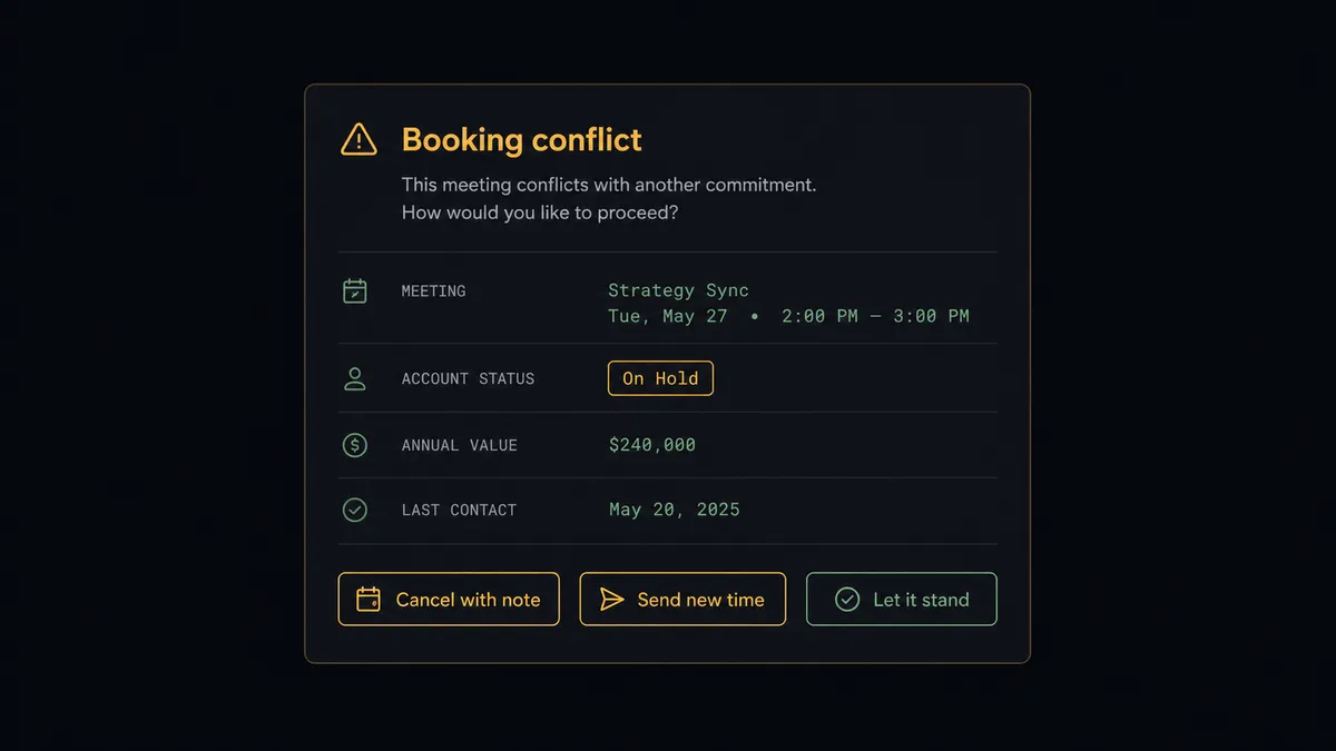 A dark Slack-style approval card on a #0C0E12 field titled "Booking conflict"