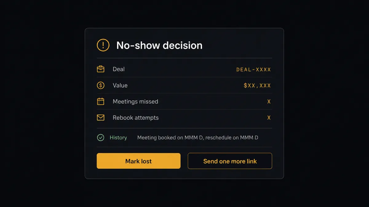 A dark Slack-style approval card on a #0C0E12 field titled "No-show decision"