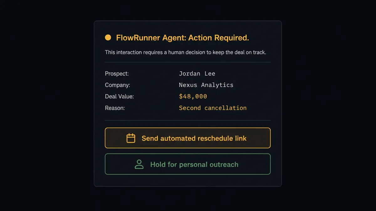 A dark Slack-style notification card on #0C0E12 showing an agent escalation