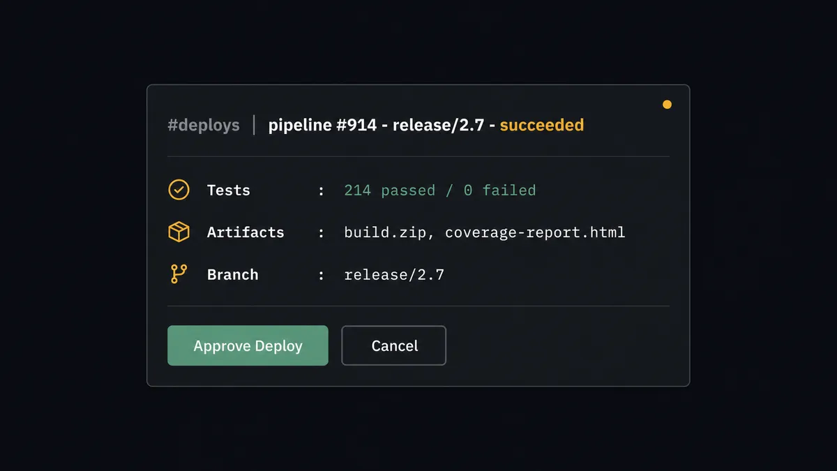 Dark Slack message card in a #deploys channel