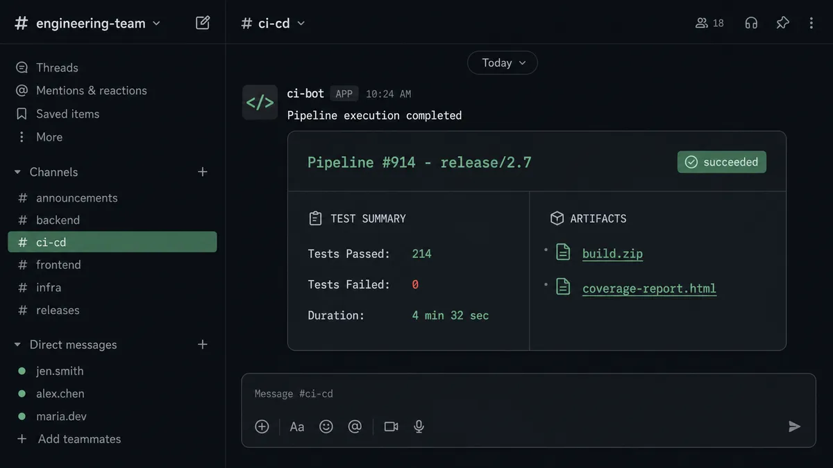 Dark Slack channel showing a formatted test summary card