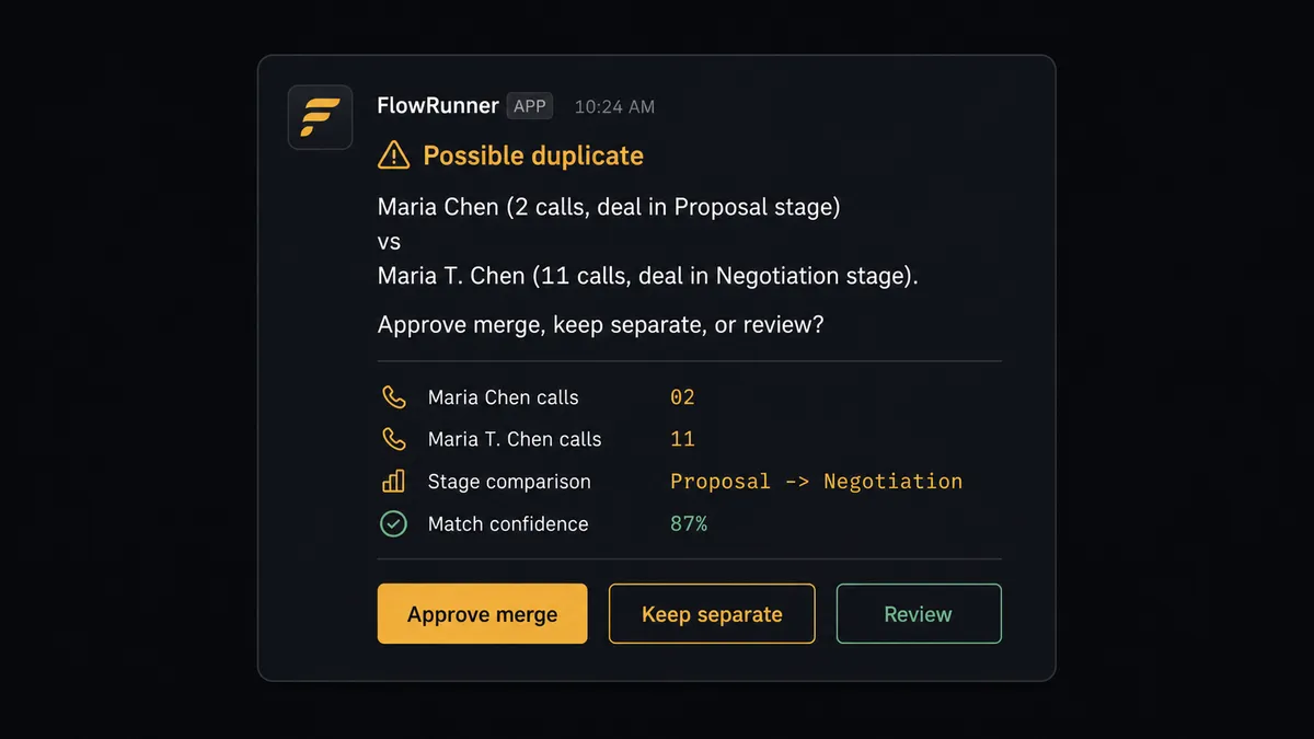 A Slack message card on a dark background, posted by the FlowRunner app, reading "Possible duplicate: Maria Chen (2 calls, deal in Proposal stage) vs Maria T