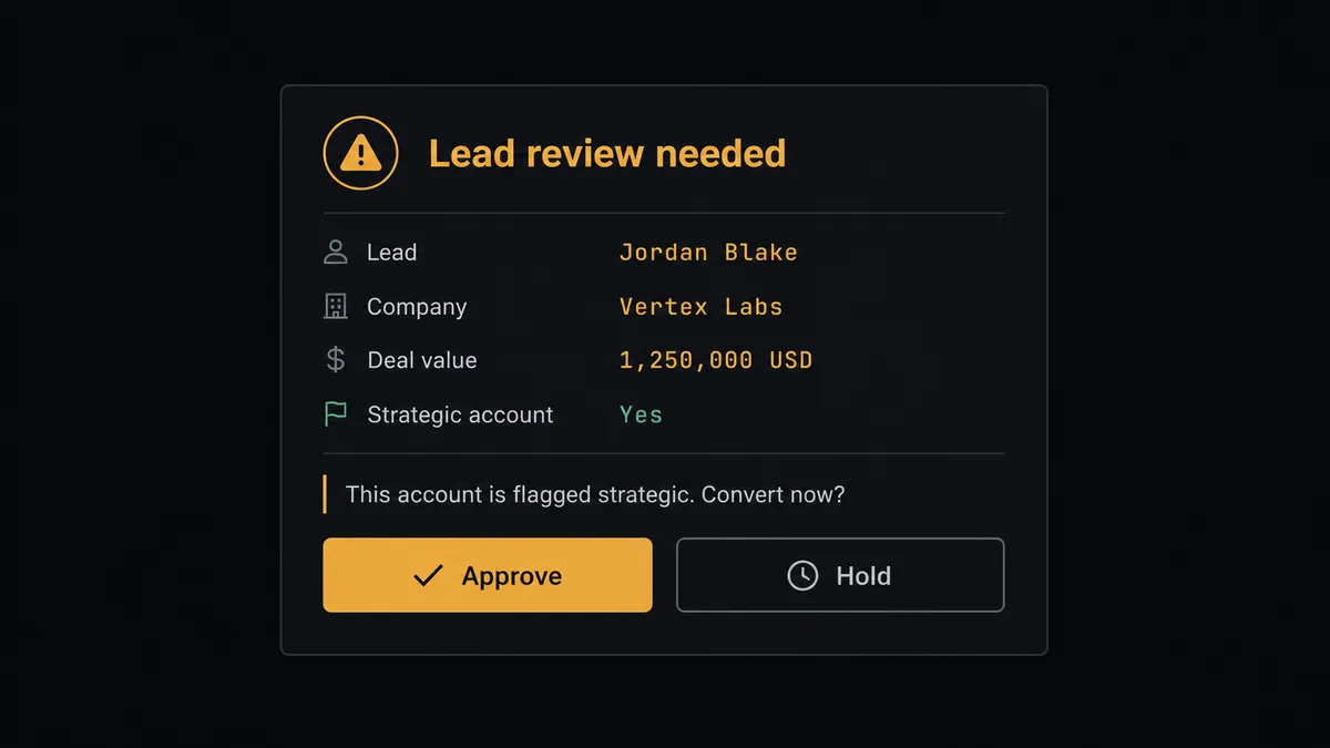 A dark Slack-style message card titled "Lead review needed" showing a lead name, company, and deal value, with the text "This account is flagged strategic