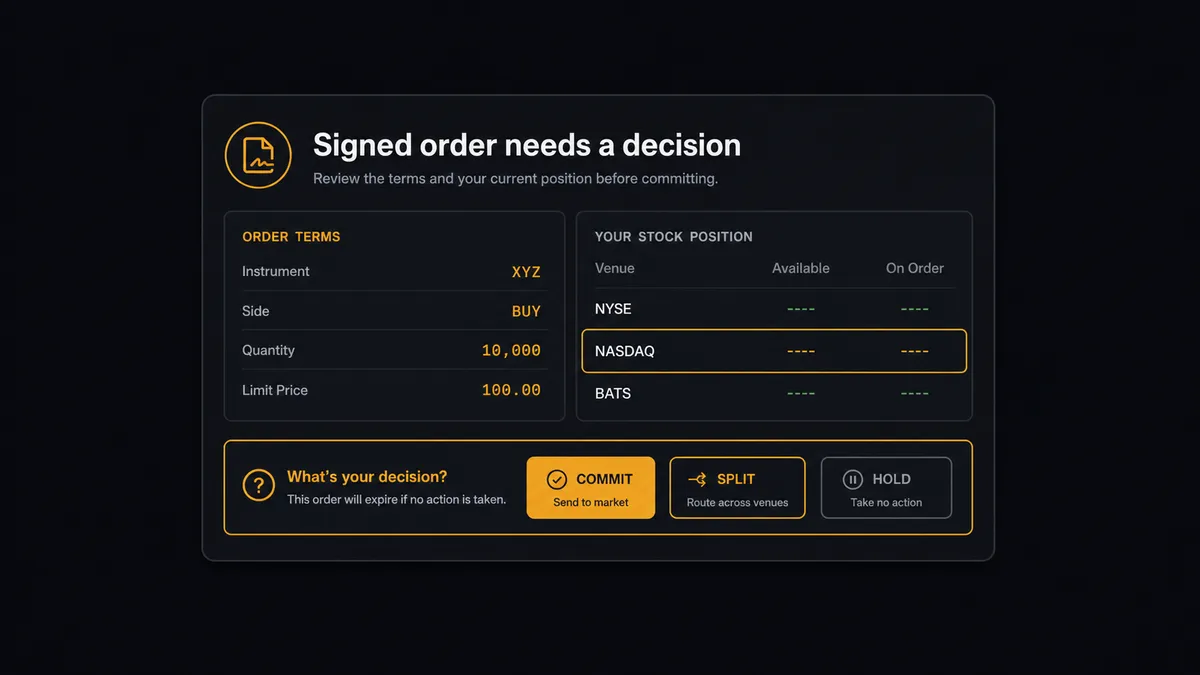 A dark Slack-style approval card on a #0C0E12 field titled "Signed order needs a decision" showing a compact terms panel beside a stock-position panel with one row highlighted, and three response buttons for commit, split, and hold, with the decision row framed in amber