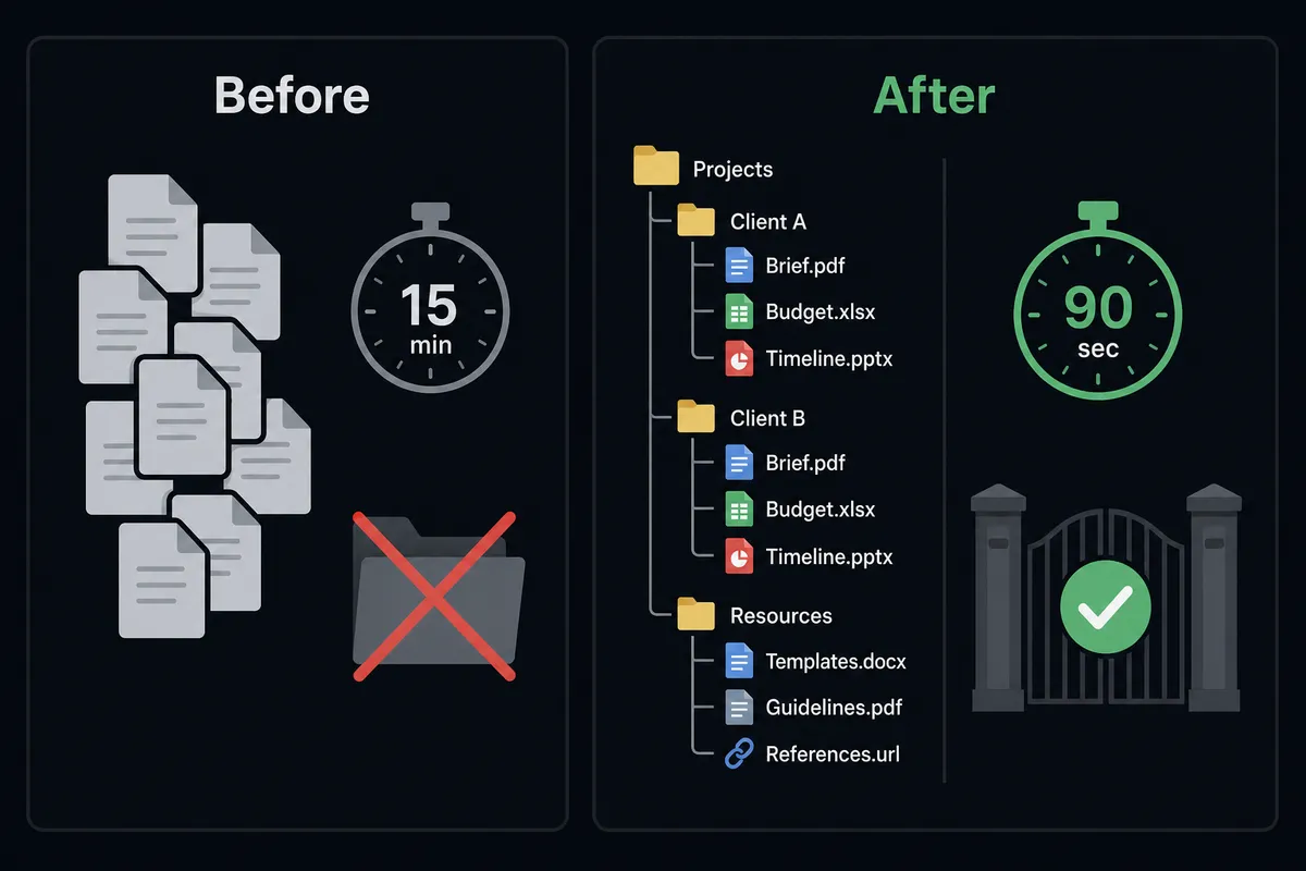 Dark before/after split panel on a #0C0E12 background