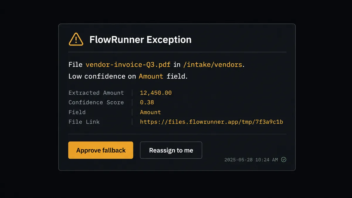 Dark Slack-style card on #0C0E12 showing an exception notification