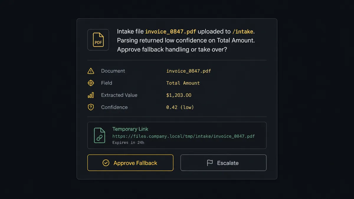 A dark Slack message card shows the text "Intake file invoice_0847