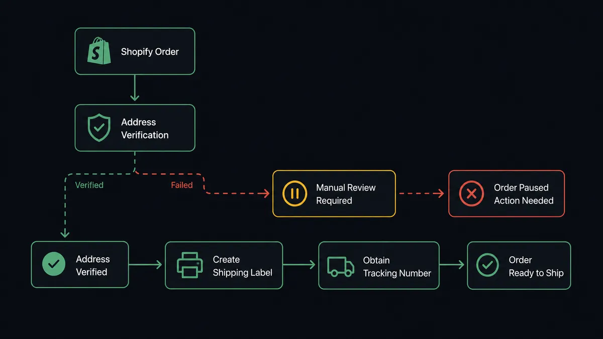 A dark UI panel shows a vertical pipeline: a Shopify order card at the top feeding into an address verification checkpoint, which splits into a green "verified" path leading to a label icon and tracking number, and a red "failed" path leading to a paused card