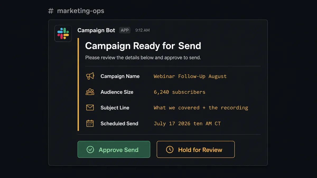 Dark UI showing a Slack approval card titled "Campaign Ready for Send