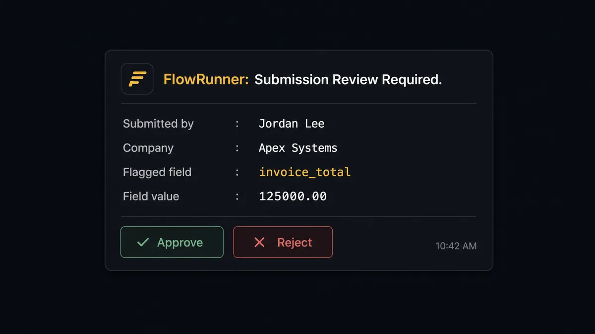 A dark Slack message card on a #0C0E12 background