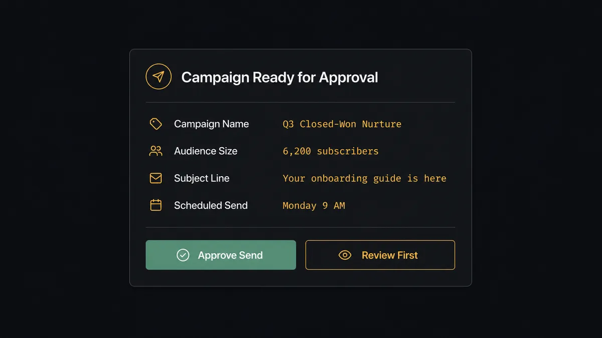 A dark Slack-style approval card showing a campaign approval request
