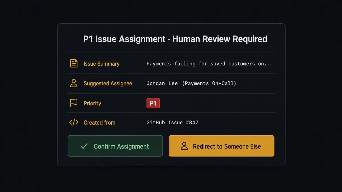 Dark UI card on #0C0E12 background showing a Slack-style exception message
