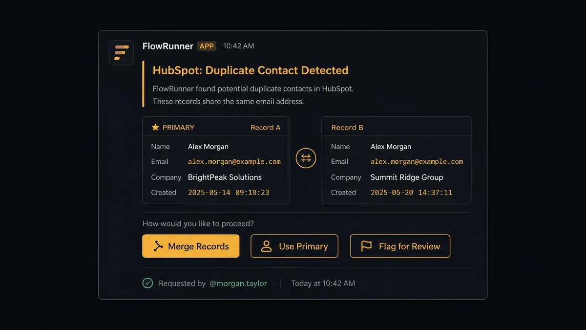 A dark Slack message card showing a FlowRunner alert