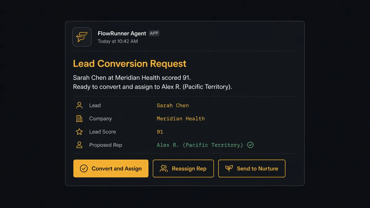 Dark UI card showing a Slack approval message from a FlowRunner agent