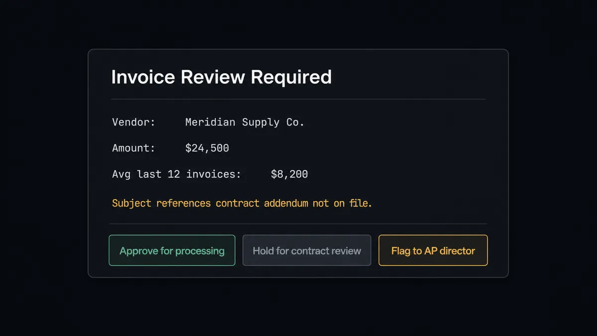 Dark Slack message card on #0C0E12 background