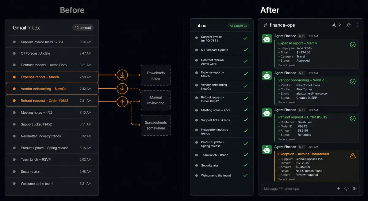 Split-panel dark composition on #0C0E12 background