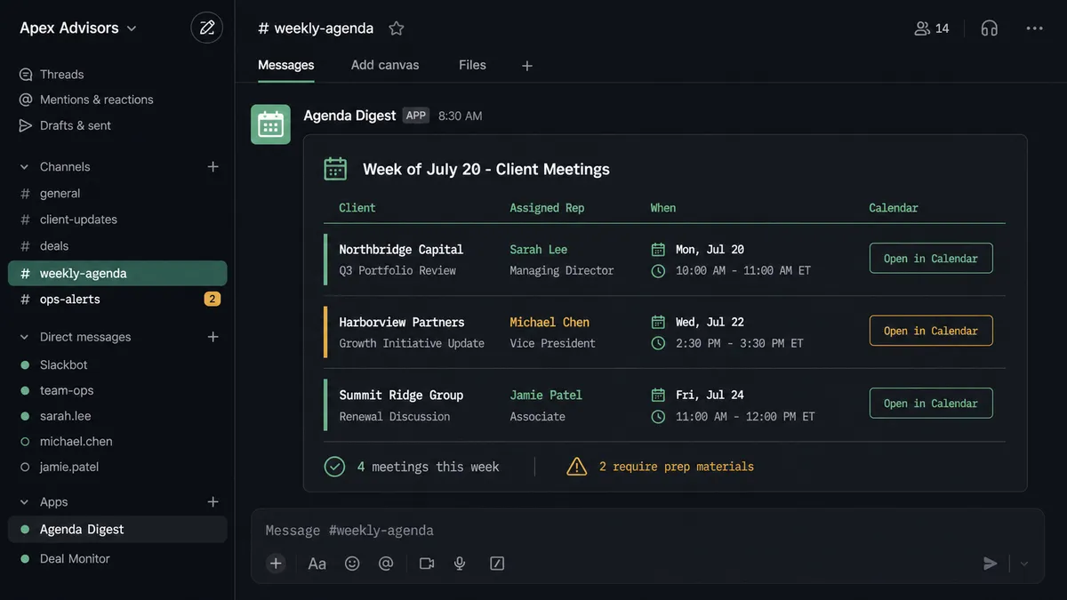 A dark Slack channel view showing a weekly agenda digest card