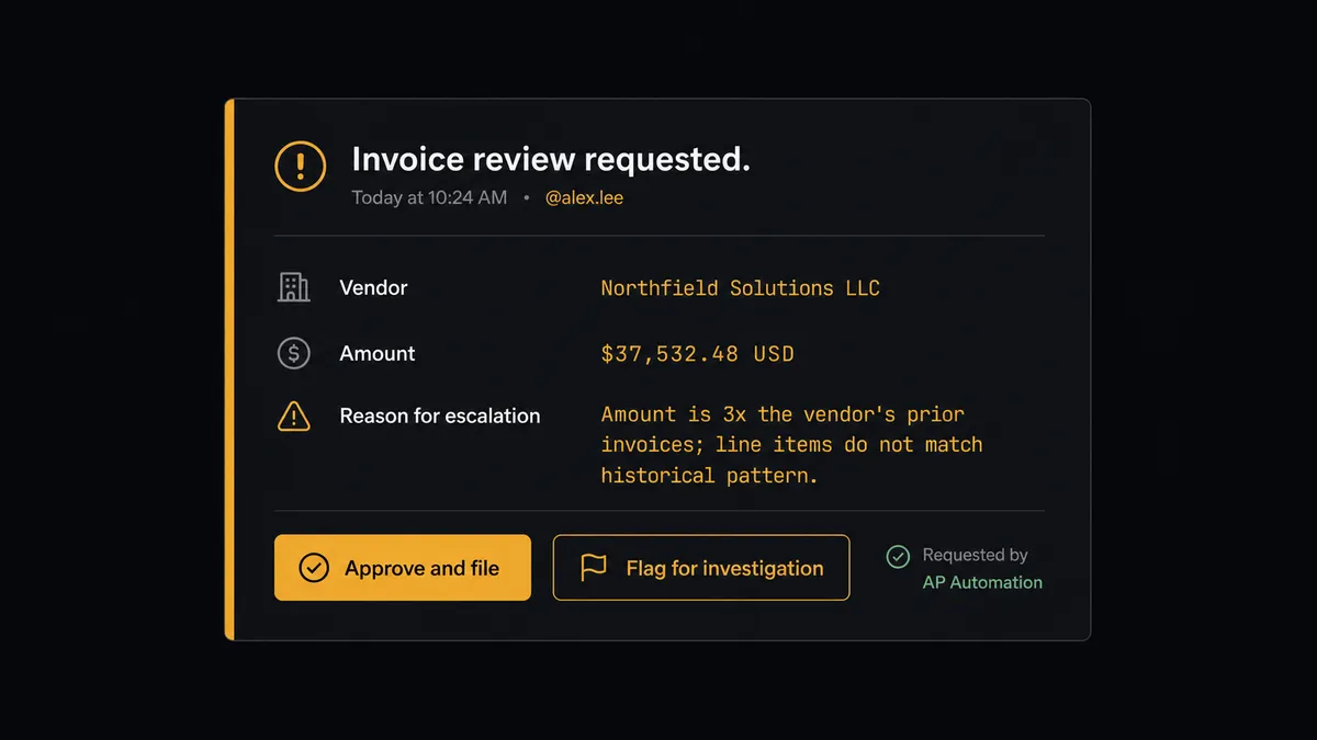 A dark Slack-style notification card