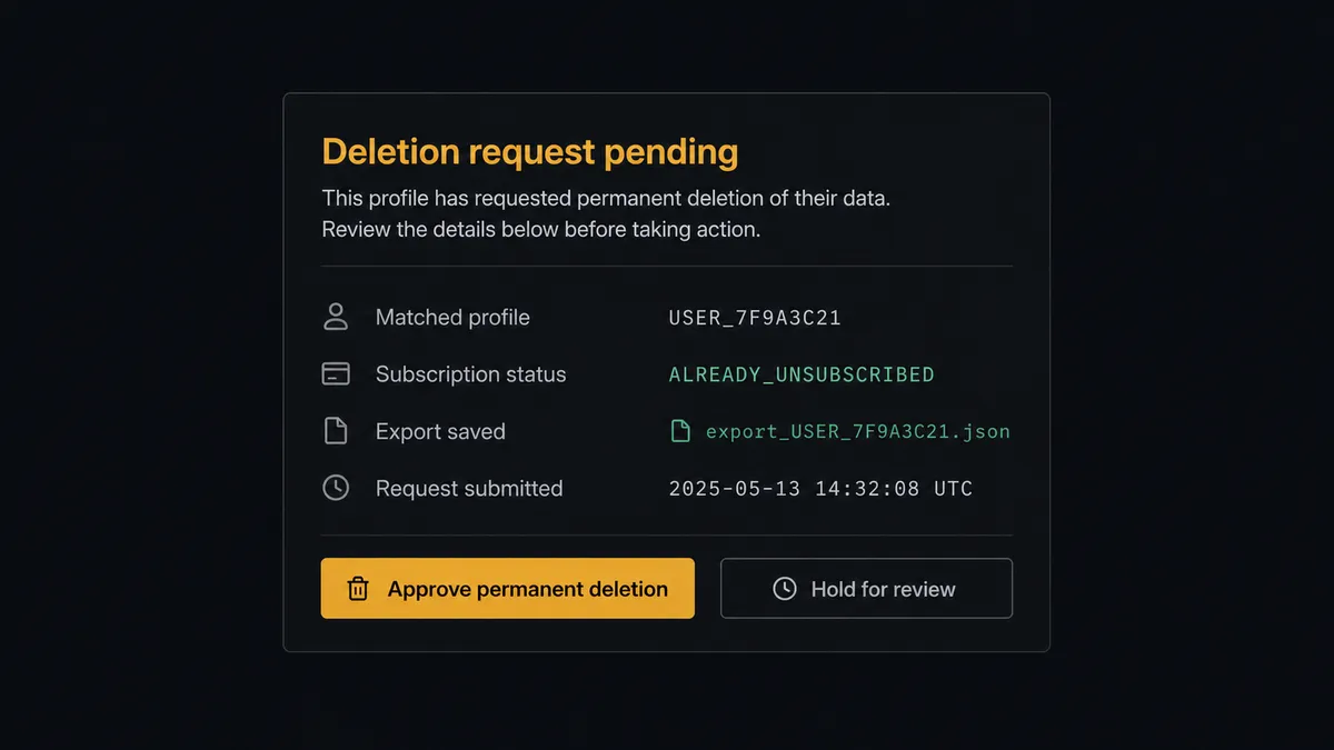 A dark Slack-style approval card on a #0C0E12 field titled "Deletion request pending"
