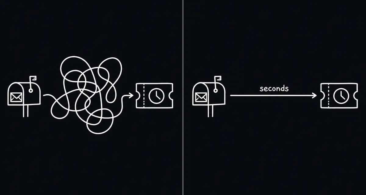 A split composition on a dark background, left half showing a tangled hand-drawn line connecting a mailbox icon to a ticket icon with a small clock, right half showing the same two icons connected by a clean single arrow labeled "seconds", both halves flat and diagrammatic with no people or text beyond the labels described