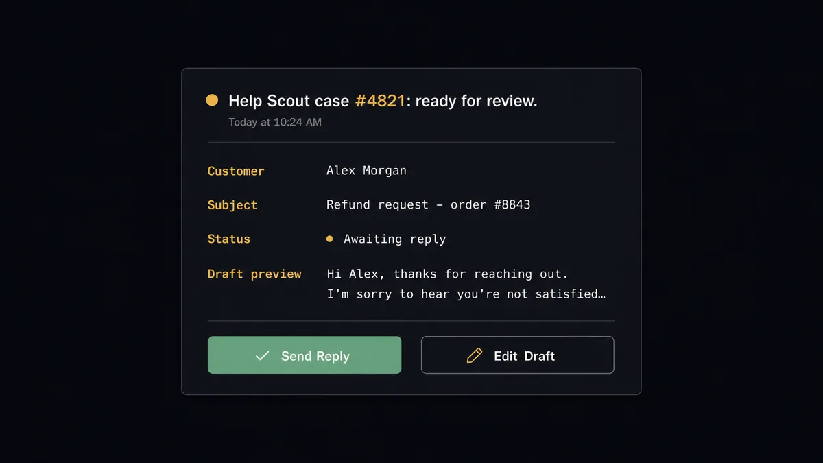 Dark Slack-style message card on #0C0E12