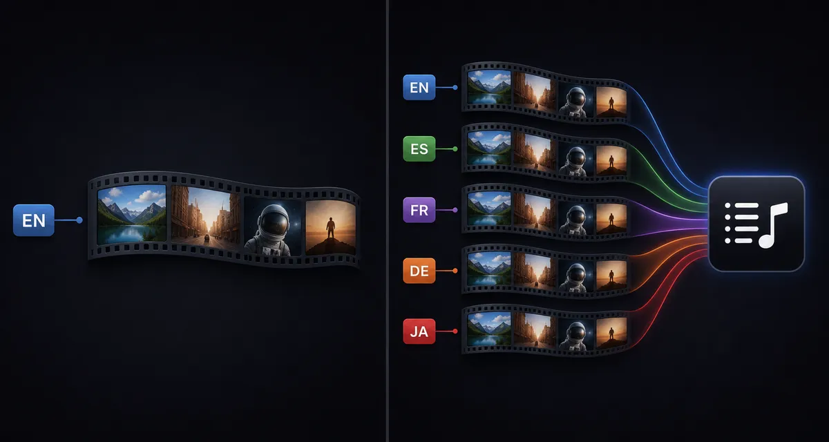 A split composition on a dark background: the left half shows a single film strip with one language tag, the right half shows the same strip multiplied into five ribbons each tagged with a different language and flowing into a shared playlist icon