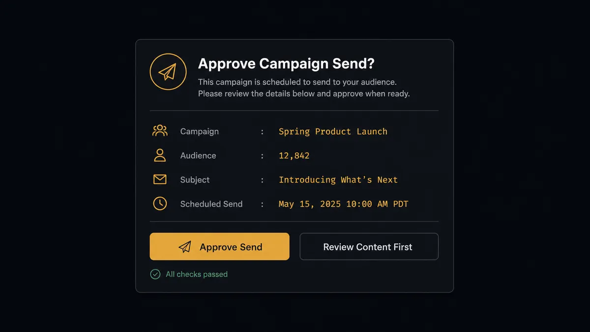 A dark Slack-style approval card showing a campaign name, an audience count in the thousands, a subject line, and a scheduled send time, with two buttons reading Approve Send and Review Content First beneath the message