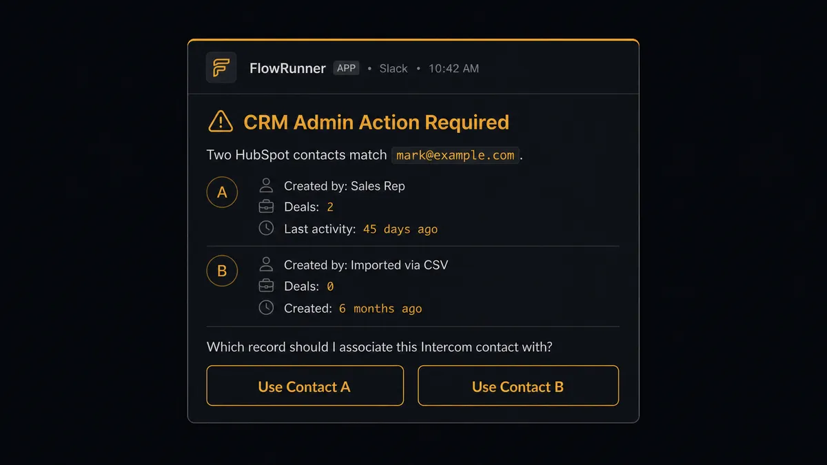 Dark UI card showing a Slack escalation message from FlowRunner