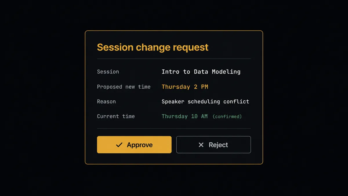 A dark approval card on a #0C0E12 field titled "Session change request", showing a session name line, a proposed new time reading "Thursday 2 PM", a reason line, and Approve and Reject buttons, with the Approve button and card edge in amber