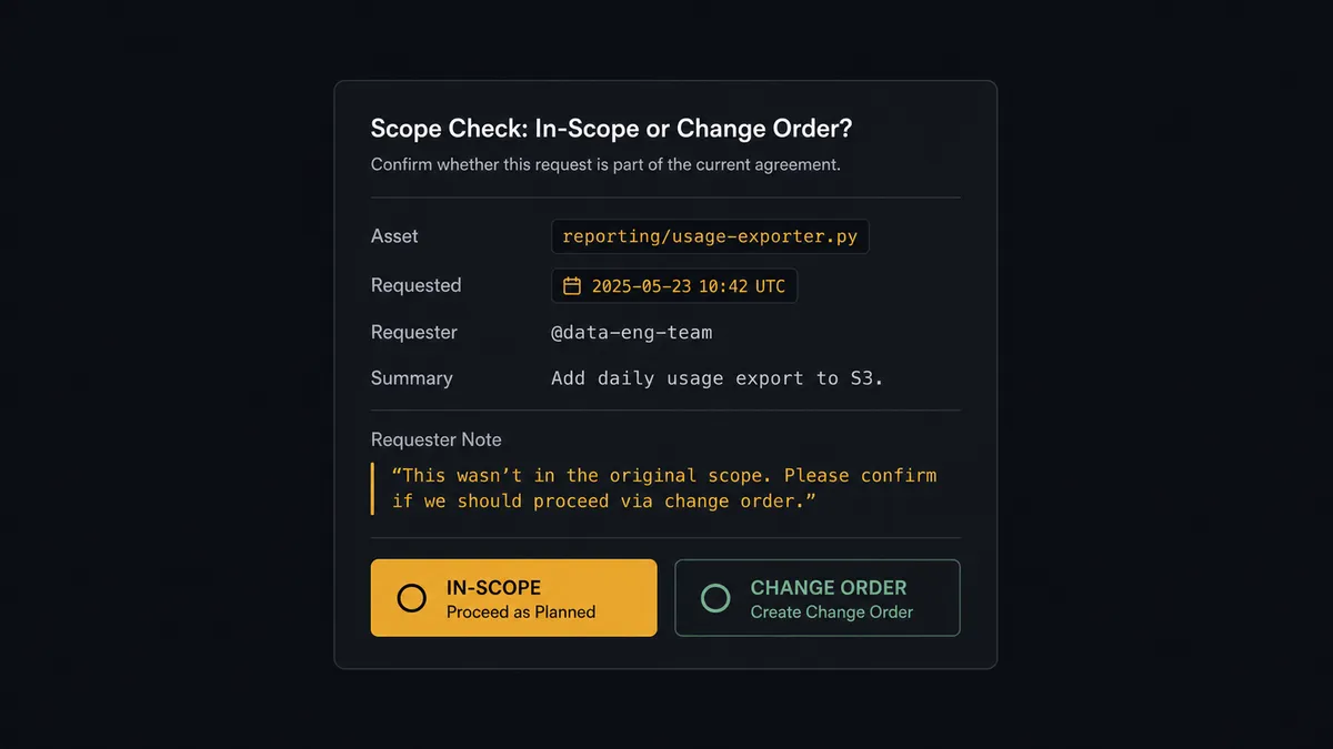A dark Slack-style decision card on a #0C0E12 field titled with a scope-check heading, showing an asset-name row, a timestamp chip, a quoted comment block, and two choice buttons labeled for in-scope and change-order paths, one button rendered in amber as the human decision point