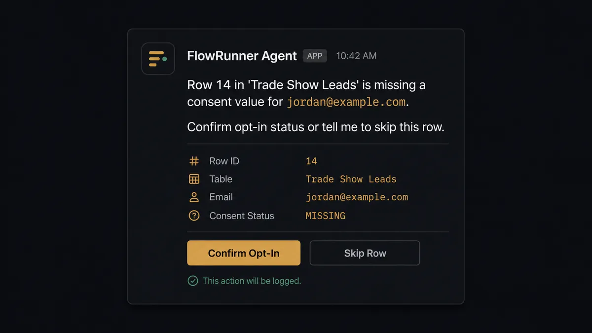 A Slack message card on dark background from an app labeled "FlowRunner Agent" reads "Row 14 in 'Trade Show Leads' is missing a consent value for jordan@example
