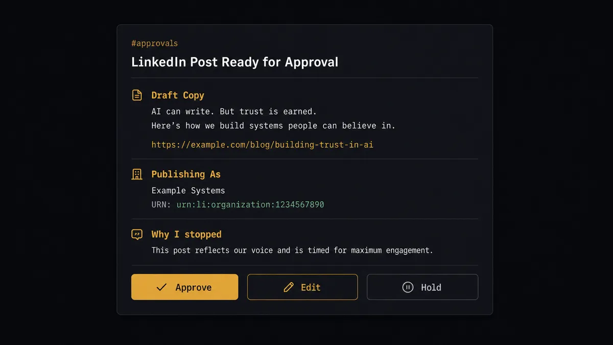 A dark Slack message card in an #approvals channel