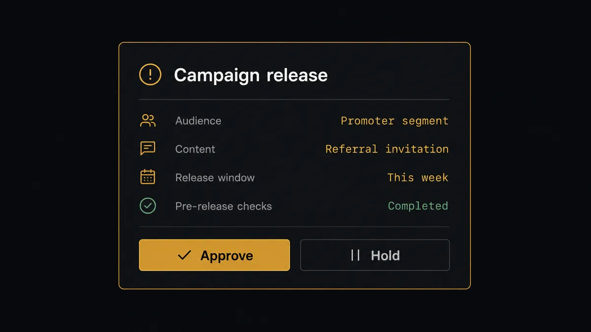 A dark approval card on a #0C0E12 field titled "Campaign release", showing an audience line reading "Promoter segment", a content line reading "Referral invitation", and Approve and Hold buttons, with the card edge and Approve button in amber