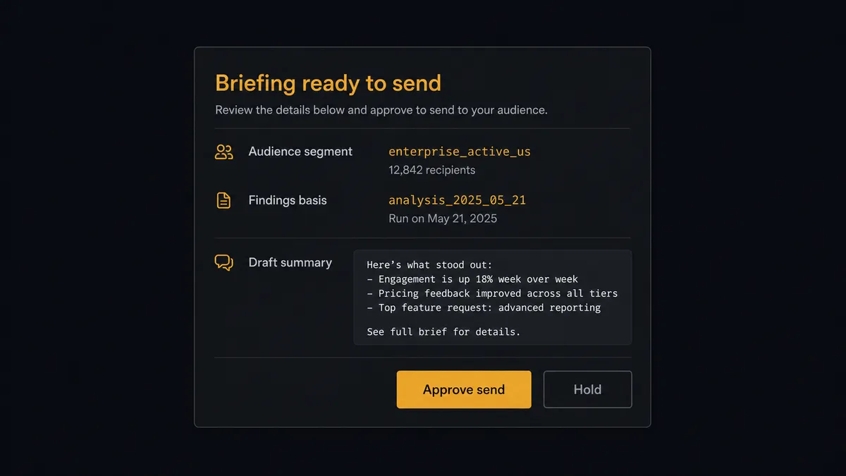 A dark Slack-style approval card on a #0C0E12 field titled "Briefing ready to send"