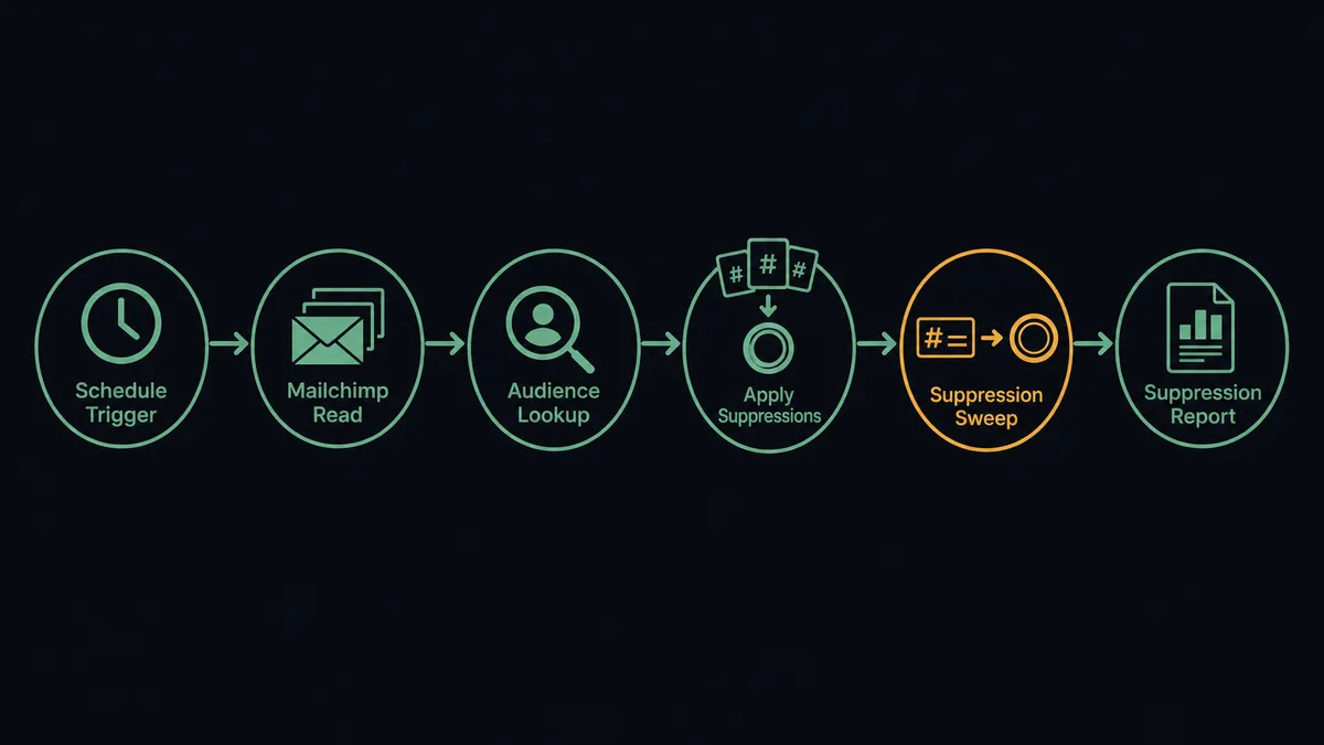 A dark horizontal flow diagram on a #0C0E12 field showing six connected nodes: a clock icon for the schedule, an envelope stack for the Mailchimp read, a magnifier over a ring for the audience lookup, an arrow feeding hashed cards into the ring, a card leaving the ring for the suppression sweep, and a small report panel at the end